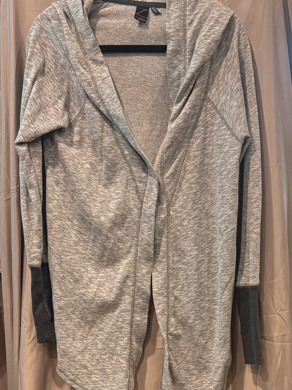 Zella Heather Gray Hooded Open Cardigan with Dark Gray Cuffs